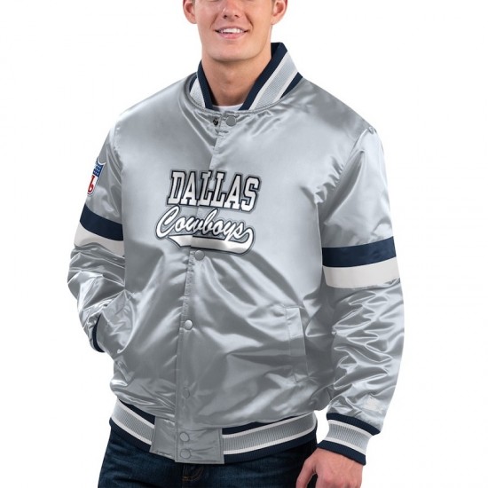 Men's Dallas Cowboys Starter Silver Home Game Satin Full-Snap Varsity Jacket Men's Dallas Cowboys Starter Silver Home Game Satin Full-Snap Varsity Jacket