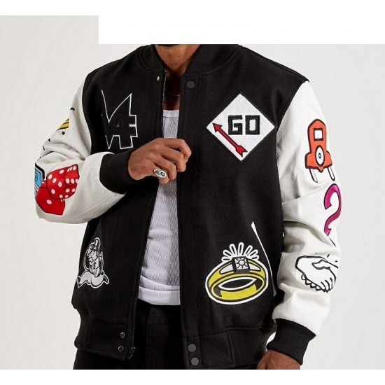 Men's Embroidered Monopoly Patches Black Varsity Jacket Men's Embroidered Monopoly Patches Black Varsity Jacket