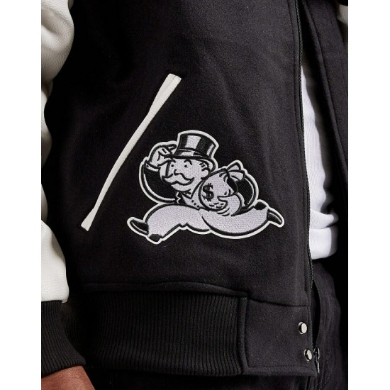 Men's Embroidered Monopoly Patches Black Varsity Jacket Men's Embroidered Monopoly Patches Black Varsity Jacket