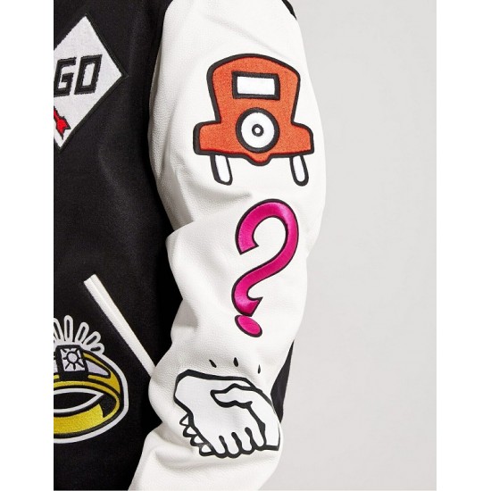 Men's Embroidered Monopoly Patches Black Varsity Jacket Men's Embroidered Monopoly Patches Black Varsity Jacket