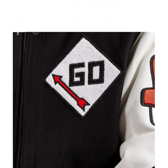 Men's Embroidered Monopoly Patches Black Varsity Jacket Men's Embroidered Monopoly Patches Black Varsity Jacket