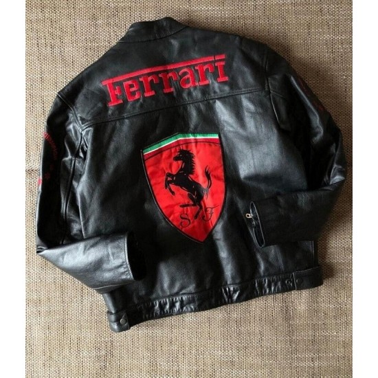 Men's Ferrari Black Motorcycle Leather Moto Racer Jacket Men's Ferrari Black Motorcycle Leather Moto Racer Jacket