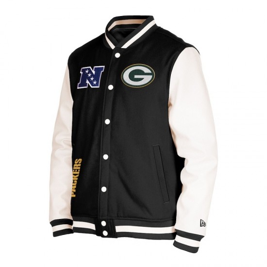 Men's Green Bay Packers New Era Black Third Down Varsity Full-Snap Jacket Men's Green Bay Packers New Era Black Third Down Varsity Full-Snap Jacket