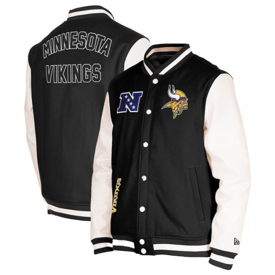 Men's Minnesota Vikings New Era Black Third Down Varsity Full-Snap Jacket Men's Minnesota Vikings New Era Black Third Down Varsity Full-Snap Jacket