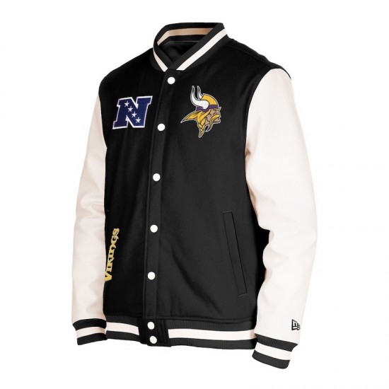 Men's Minnesota Vikings New Era Black Third Down Varsity Full-Snap Jacket Men's Minnesota Vikings New Era Black Third Down Varsity Full-Snap Jacket