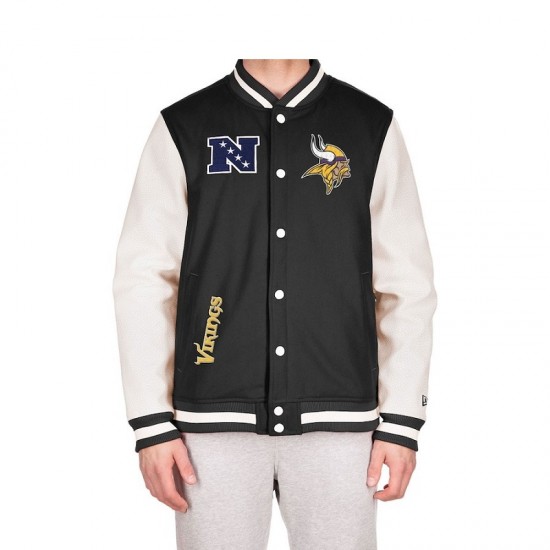 Men's Minnesota Vikings New Era Black Third Down Varsity Full-Snap Jacket Men's Minnesota Vikings New Era Black Third Down Varsity Full-Snap Jacket
