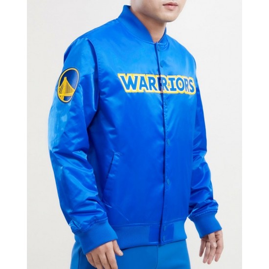 Men's NBA Golden State Warriors Big Logo Satin Blue Jacket Men's NBA Golden State Warriors Big Logo Satin Blue Jacket