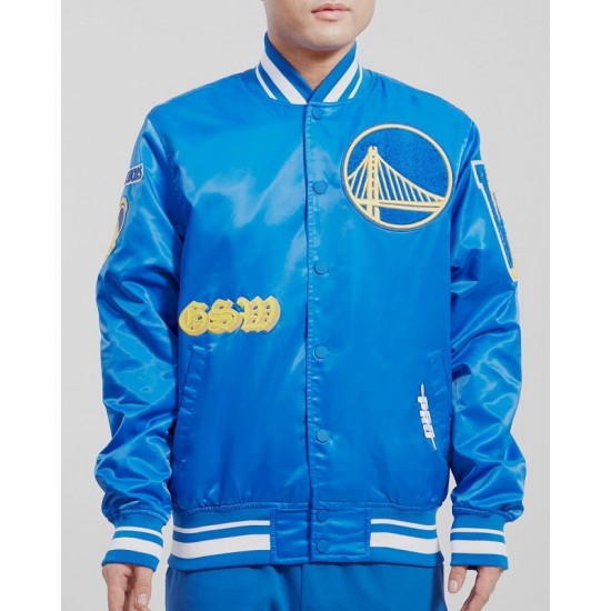 Men's NBA Golden State Warriors Old English Satin Blue Jacket