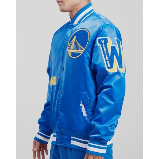 Men's NBA Golden State Warriors Old English Satin Blue Jacket