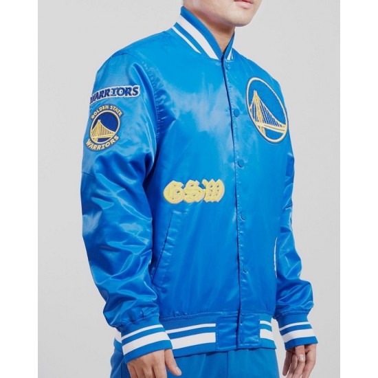 Men's NBA Golden State Warriors Old English Satin Blue Jacket