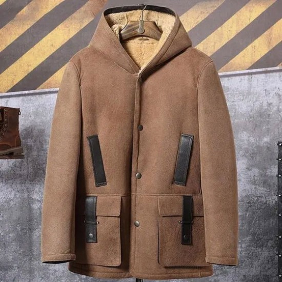 Men's Shearling Hooded Suede Leather Bomber Long Jacket Trench Coat Men's Shearling Hooded Suede Leather Bomber Long Jacket Trench Coat