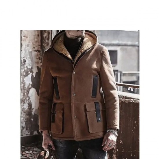 Men's Shearling Hooded Suede Leather Bomber Long Jacket Trench Coat Men's Shearling Hooded Suede Leather Bomber Long Jacket Trench Coat