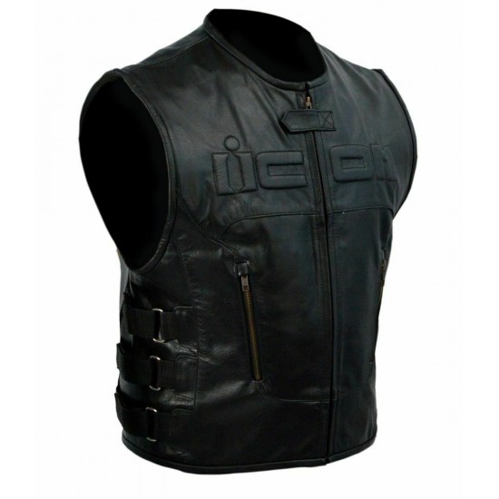 Men's Skull Regulator Icon Black Leather Motorcycle Vest