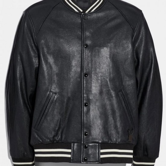 Men's Snap Tab Closure Black Leather Bomber Jacket Men's Snap Tab Closure Black Leather Bomber Jacket