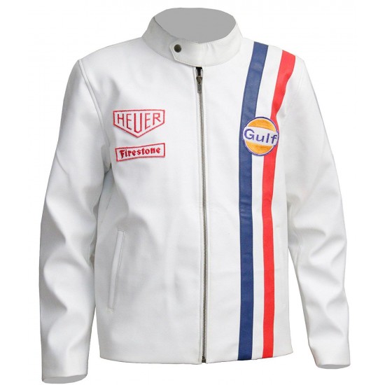 Men's Steve McQueen Le Mans Gulf Racing White Leather Jacket Men's Steve McQueen Le Mans Gulf Racing White Leather Jacket