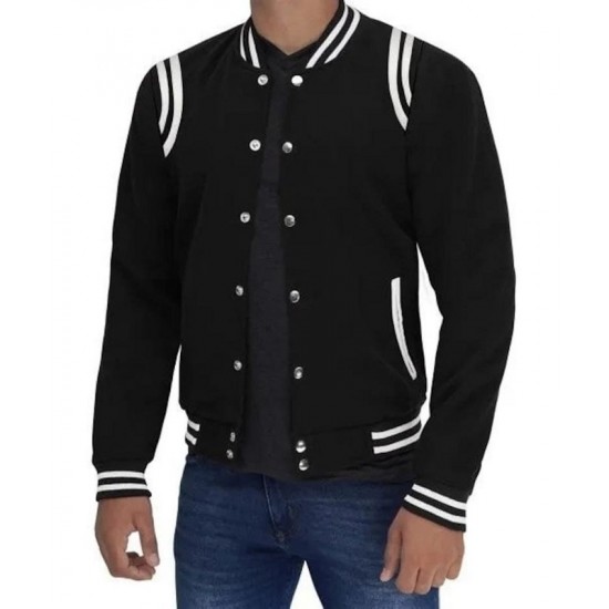 Mens Black Bomber White Stripes Jacket Mens Black Bomber White Stripes Jacket