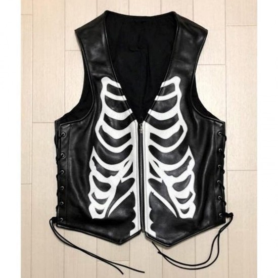 Mens Black Cowhide Skeleton Biker Vest Mens Black Cowhide Skeleton Biker Vest