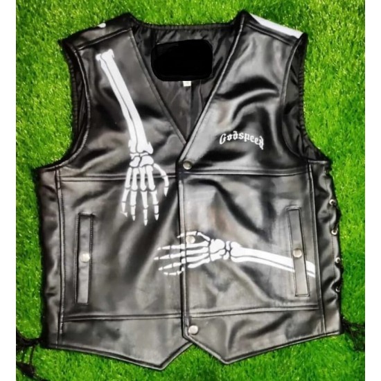 Mens Black Cowhide Skeleton Leather Biker Vest Mens Black Cowhide Skeleton Leather Biker Vest