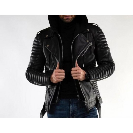 Mens Black Sheepskin Biker Hooded Leather Jacket