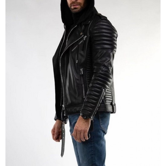 Mens Black Sheepskin Biker Hooded Leather Jacket