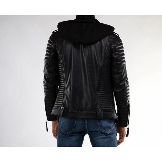 Mens Black Sheepskin Biker Hooded Leather Jacket