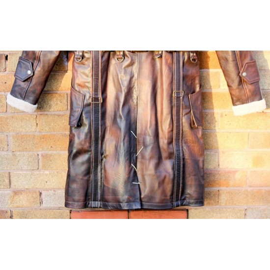 Mens Brown Shearling Distressed Brown Faux Fur Leather Long Winter Coat Mens Brown Shearling Distressed Brown Faux Fur Leather Long Winter Coat