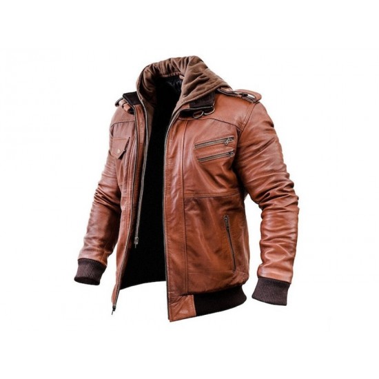 Mens Brown Winter Hooded Leather Bomber Jacket Mens Brown Winter Hooded Leather Bomber Jacket