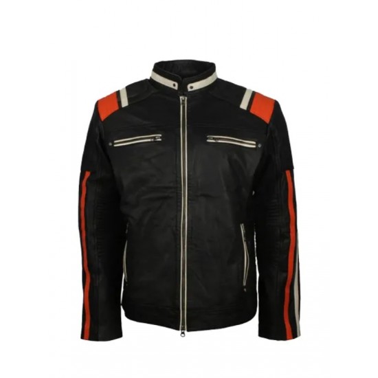 Mens Cafe Racer Striped Black Retro Biker Jacket Mens Cafe Racer Striped Black Retro Biker Jacket