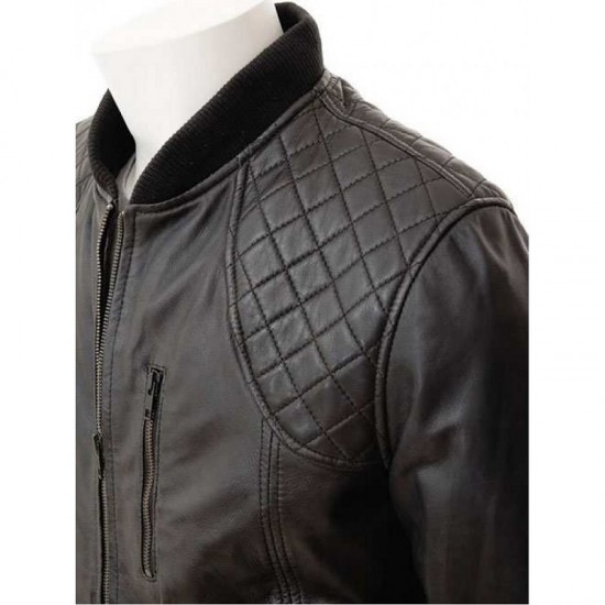 Mens Classic Quilted Panel Real Leather Bomber Jacket Mens Classic Quilted Panel Real Leather Bomber Jacket