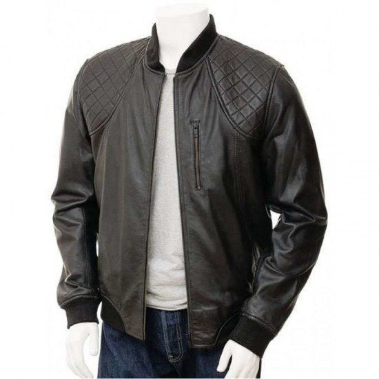 Mens Classic Quilted Panel Real Leather Bomber Jacket Mens Classic Quilted Panel Real Leather Bomber Jacket