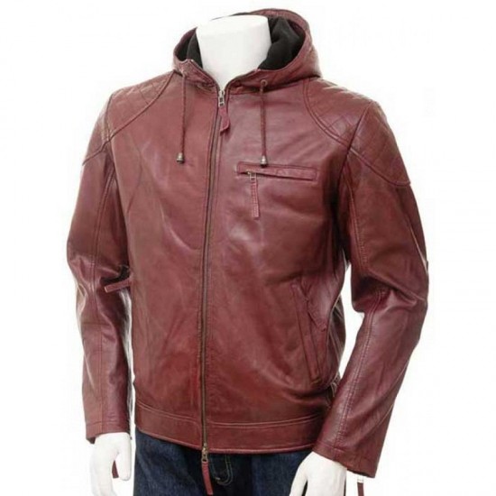 Mens Oxblood Hooded Leather Jacket