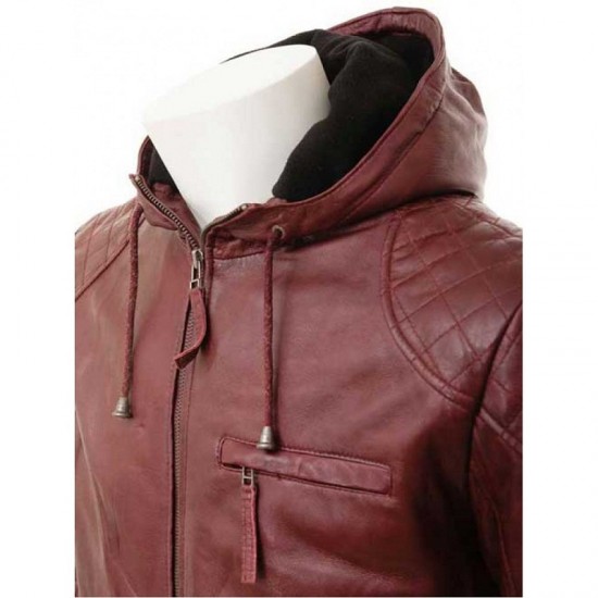 Mens Oxblood Hooded Leather Jacket