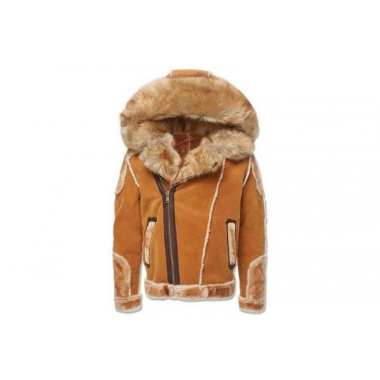 Mens Suede Leather Brown Hooded Faux Fur Shearling Jacket Mens Suede Leather Brown Hooded Faux Fur Shearling Jacket