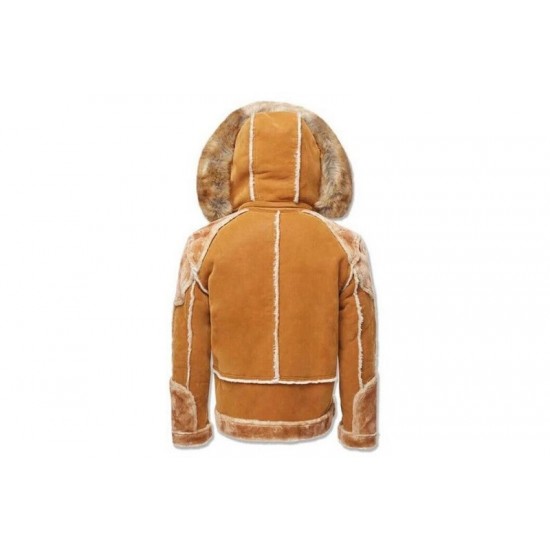 Mens Suede Leather Brown Hooded Faux Fur Shearling Jacket Mens Suede Leather Brown Hooded Faux Fur Shearling Jacket