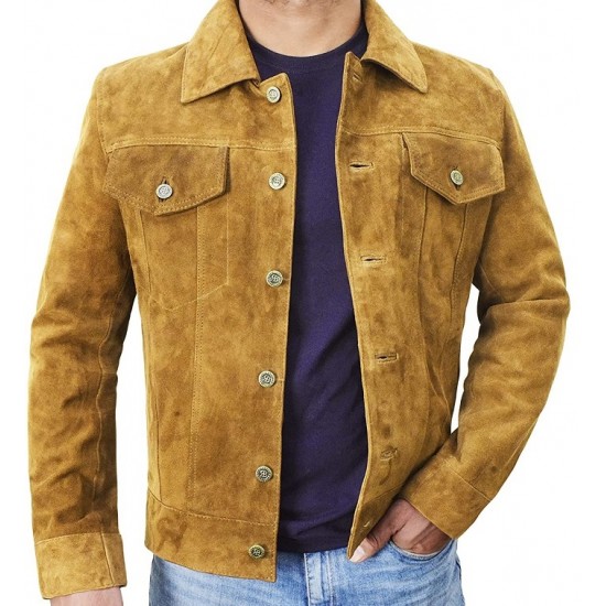 Mens Suede Leather Trucker Jacket - Classic Motorcycle Western Goat Leather Coat