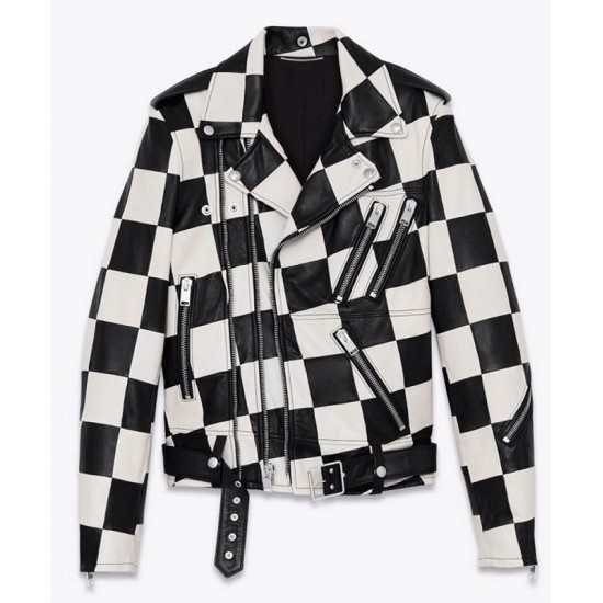 Men’s Biker Asymmetrical Zipper Checkerboard Leather Jacket Men’s Biker Asymmetrical Zipper Checkerboard Leather Jacket