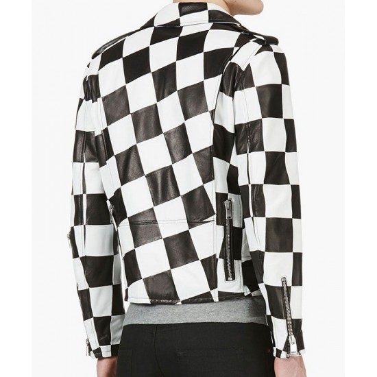 Men’s Biker Asymmetrical Zipper Checkerboard Leather Jacket Men’s Biker Asymmetrical Zipper Checkerboard Leather Jacket