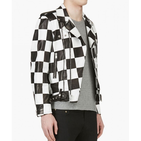 Men’s Biker Asymmetrical Zipper Checkerboard Leather Jacket Men’s Biker Asymmetrical Zipper Checkerboard Leather Jacket
