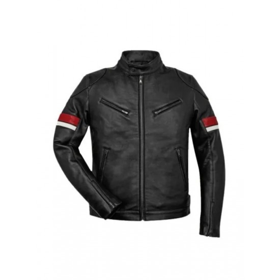 Mens Cafe Racer Striped Black Retro Biker Jacket Mens Cafe Racer Striped Black Retro Biker Jacket