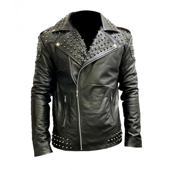 Men’s Black Punk Motorcycle Jacket with Silver Spikes Biker Studded Leather Jacket Men’s Black Punk Motorcycle Jacket with Silver Spikes Biker Studded Leather Jacket