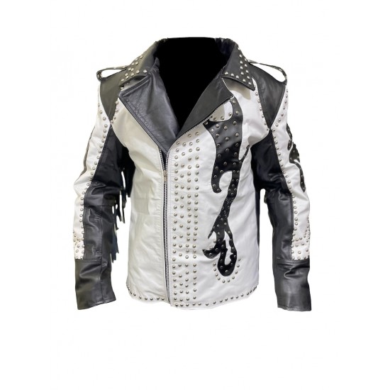 Men’s Black & White Genuine Leather Fringe Jacket