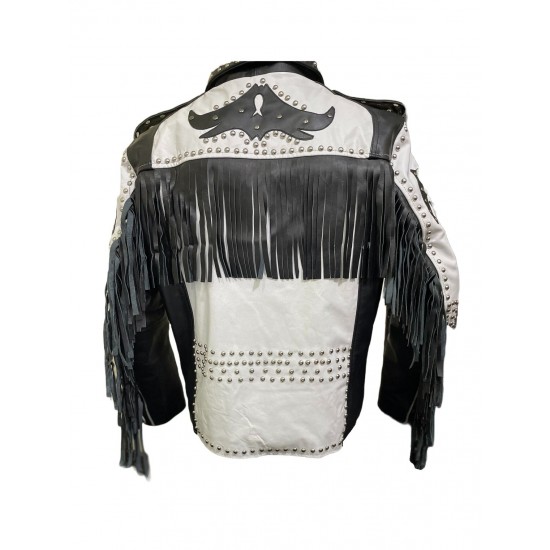 Men’s Black & White Genuine Leather Fringe Jacket
