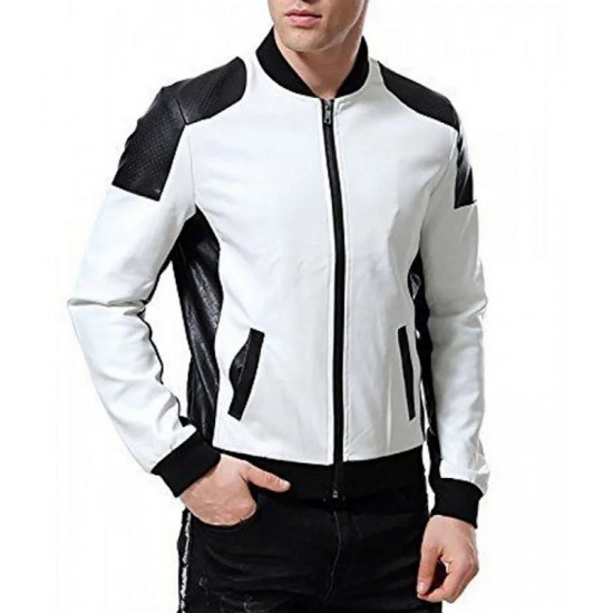 Men’s Black and White Leather Biker Bomber Jacket Men’s Black and White Leather Biker Bomber Jacket
