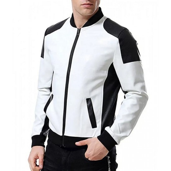 Men’s Black and White Leather Biker Bomber Jacket Men’s Black and White Leather Biker Bomber Jacket