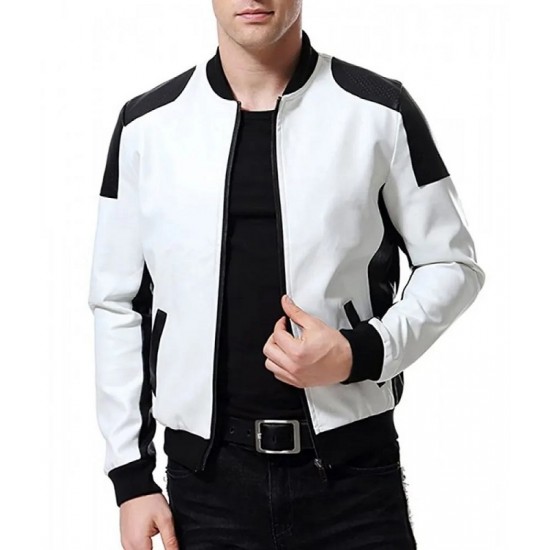 Men’s Black and White Leather Biker Bomber Jacket Men’s Black and White Leather Biker Bomber Jacket