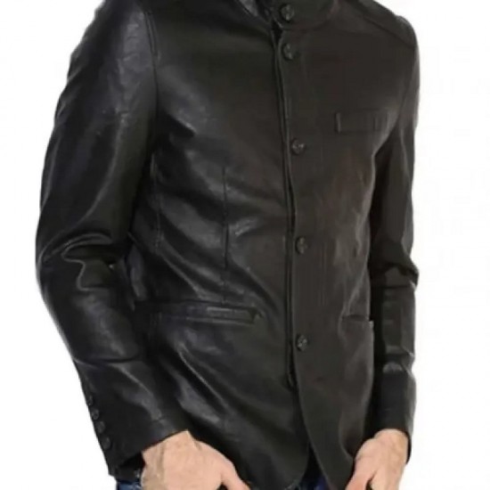 Men’s Button Closure Casual Stand Up Collar Black Leather Blazer Men’s Button Closure Casual Stand Up Collar Black Leather Blazer