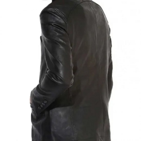 Men’s Button Closure Casual Stand Up Collar Black Leather Blazer Men’s Button Closure Casual Stand Up Collar Black Leather Blazer