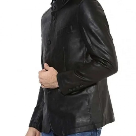 Men’s Button Closure Casual Stand Up Collar Black Leather Blazer Men’s Button Closure Casual Stand Up Collar Black Leather Blazer