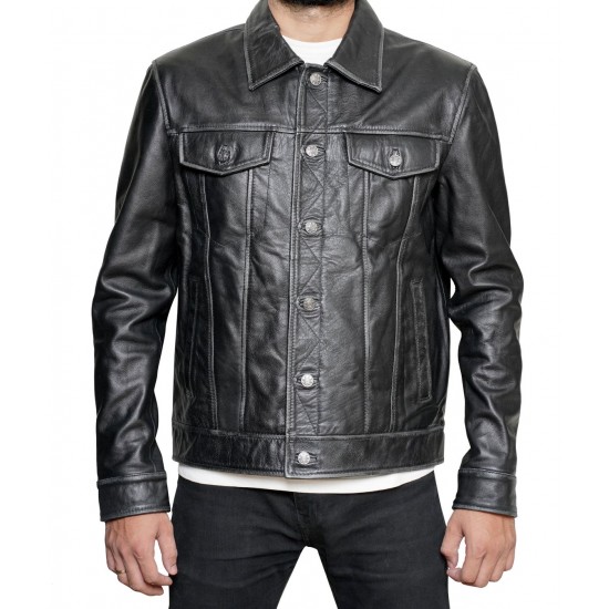 Men’s Classic Black Leather Trucker Jacket