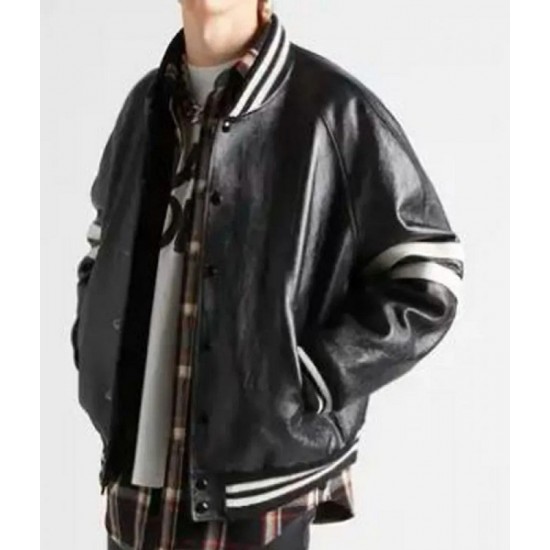 Men’s Homme Striped Black Leather Bomber Jacket Men’s Homme Striped Black Leather Bomber Jacket